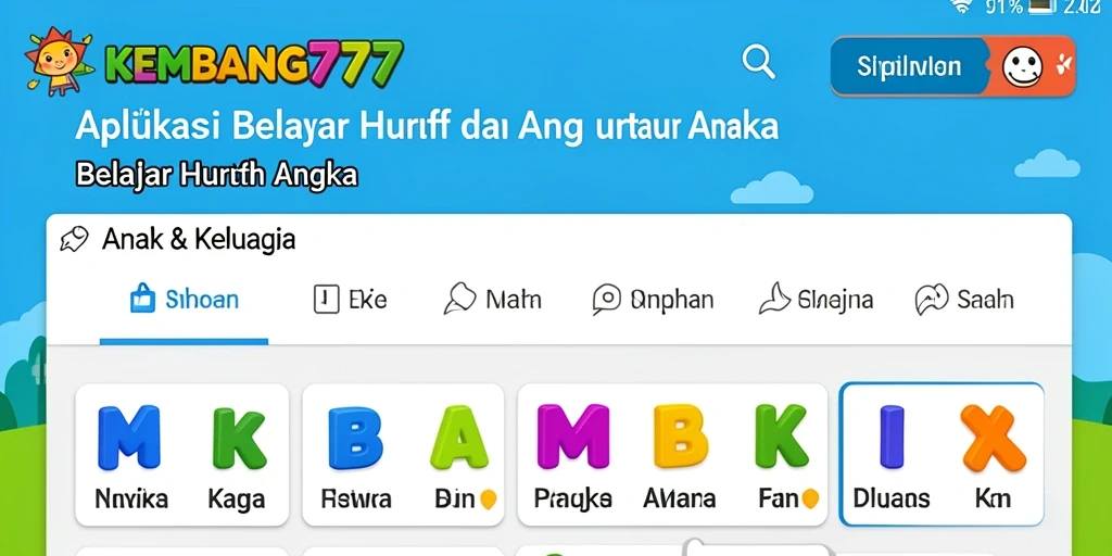 Tampilan antarmuka KEMBANG777 dengan fitur belajar huruf dan angka.
